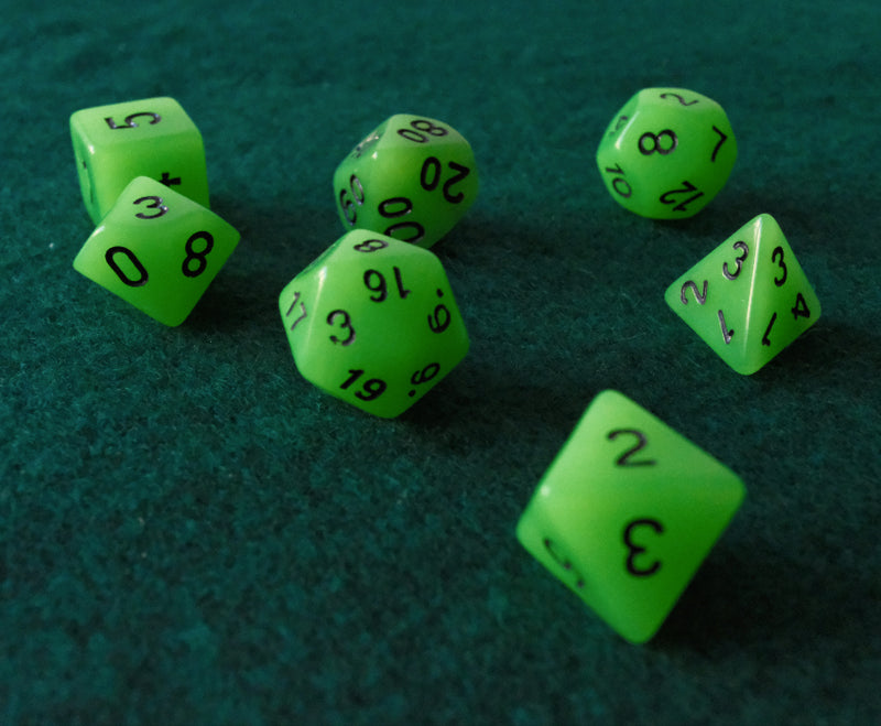 Set de dados RPG Clásico Verde Fosforito brilla en la obscuridad (7 unid.)